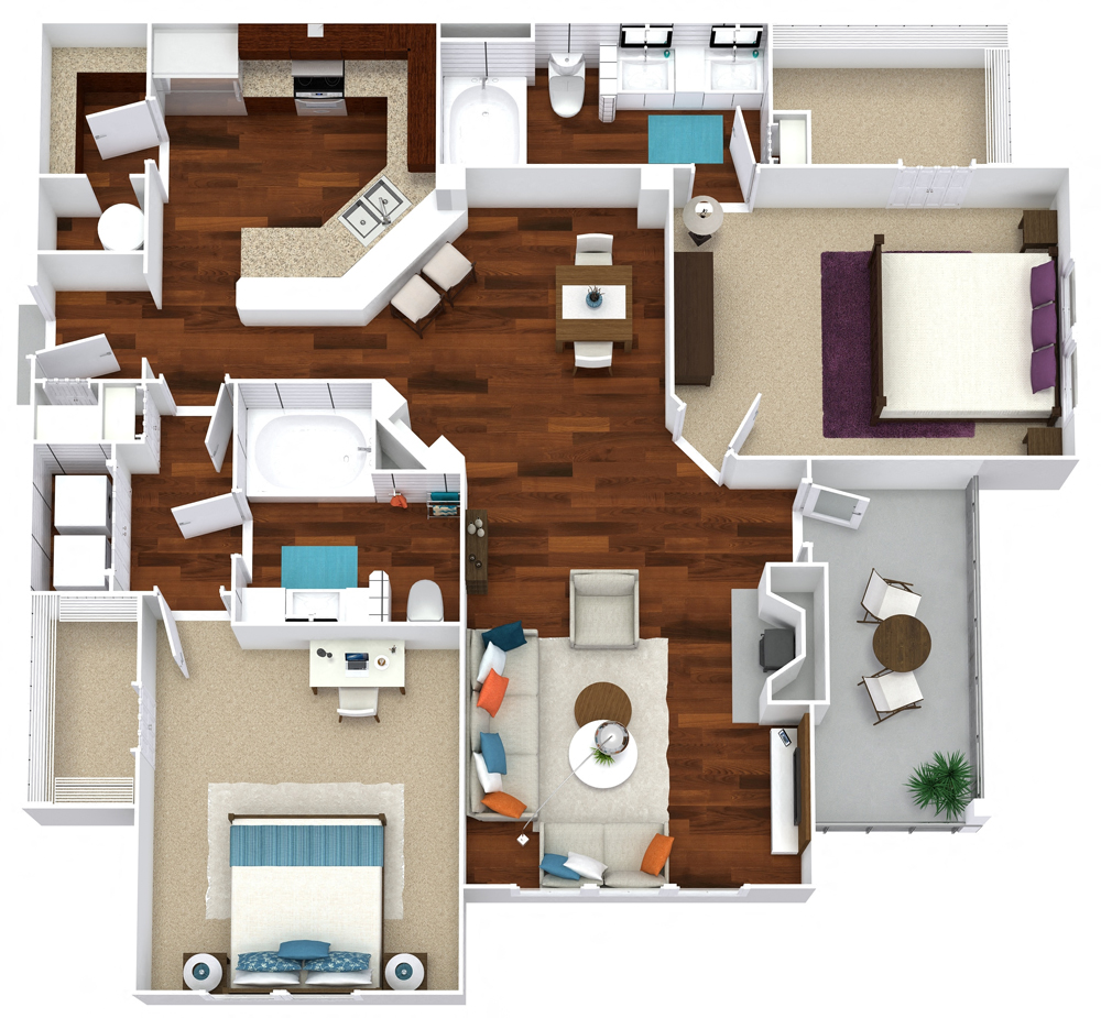Floor plan for 2 beds, 2 baths, 1360 sqft